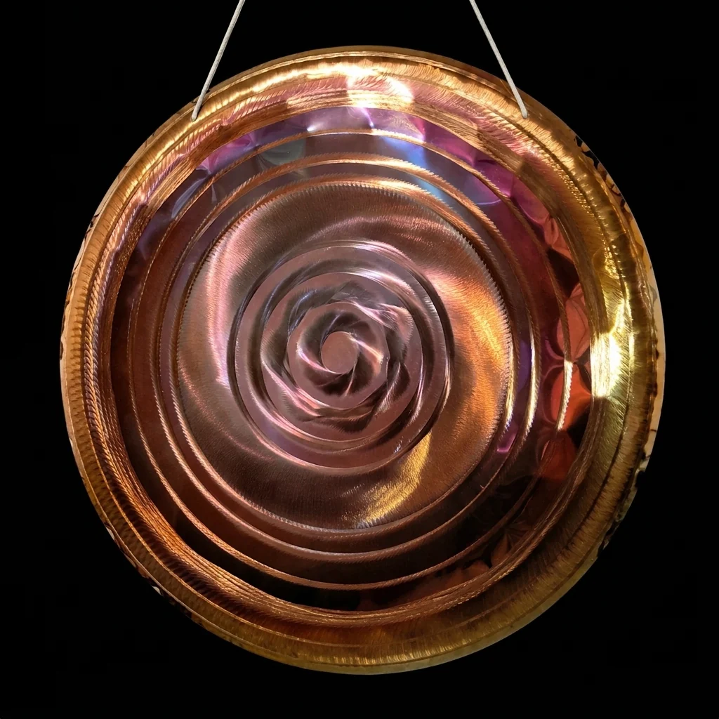 Gong Core de acero inoxidable de 60 cm (24 pulgadas) en tonos cobre y rosa del templado, con el centro en espiral