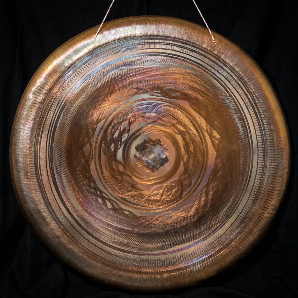 Low Bass Gong de 100 cm (40 pulgadas) en acero inoxidable, en tonos cobre oscuro con una fina textura concéntrica grabada